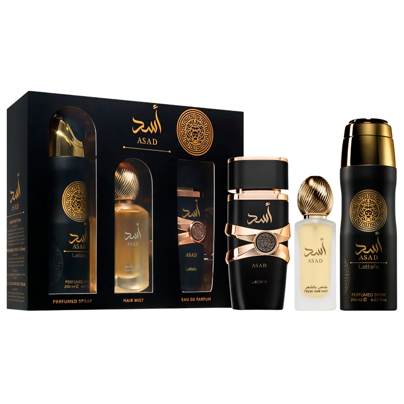 Set Lattafa Asad  3 Pcs (3.4 oz EDP + PS + HM)